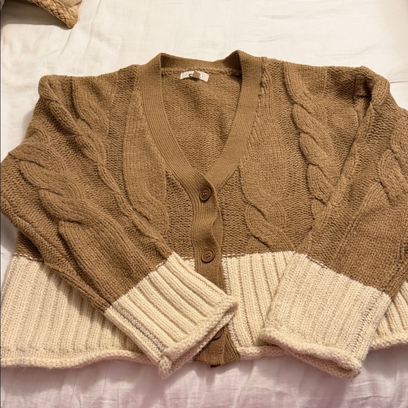 Promesa Sweaters - Promesa Tan and Cream Cable Knit Cardigan